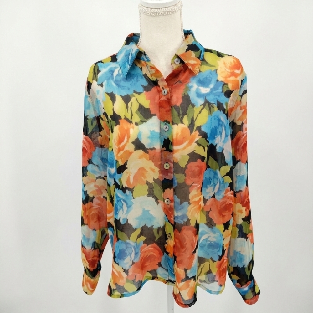 Alfred Dunner Sheer Floral Button-Down Blouse in Blue, Orange & Green Size 10p